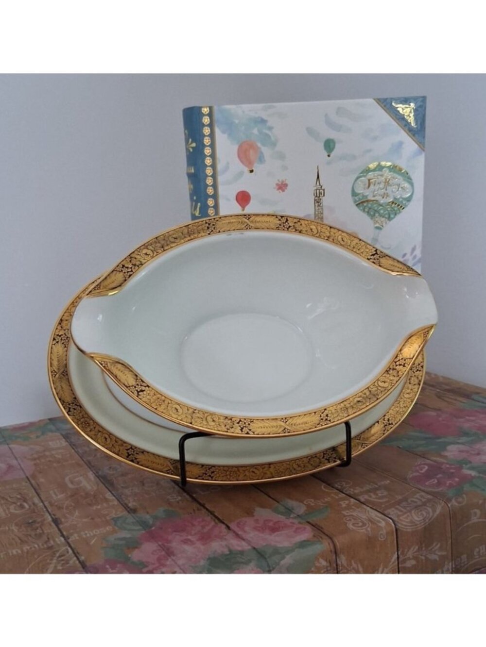 VTG Noritake Goldkin 5675 Porcelain Gravy Boat Attached Underplate White Gold